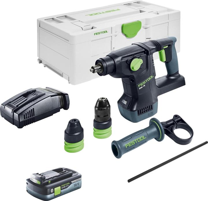 1x Festool KHC 18 EB marteau combiné sans fil, 1x mandrin C SDS KHC, 1x mandrin à serrage rapide KC 13 KHC, 1x poignée supplémentaire AH-50, 181 KHC, 1x butée de profondeur, 1x Festool Systainer³ SYS3 L 187, 1x Festool BP 18 Li 4,0 HPC-ASI batterie 18 V 4,0 Ah, 1x Festool SCA 16 chargeur rapide 10,8 V - 18 V 16 A