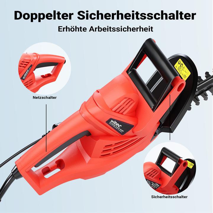 Actual product image Wiltec XPOtool Electric Hedge Trimmer 520W with 450mm Cutting Length, Quick-stop Brake, and Hand Protection (Electrical connection)