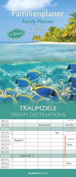 Immagine prodotto Alpha Edition Destinazioni da sogno 2025, 19,5x45 cm, Calendario per la famiglia con 5 colonne per (19,5 x 45 cm, Tedesco)