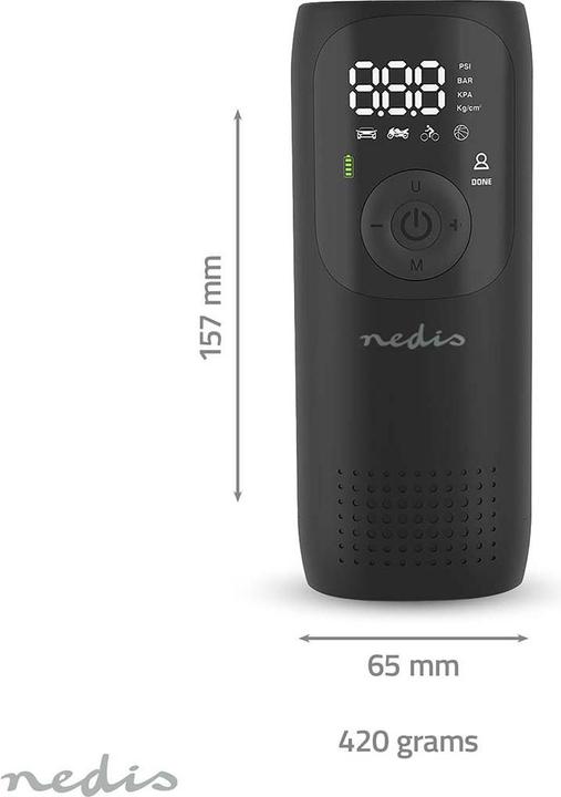 Produktbild Nedis Wiederaufladbarer Luftkompressor - 0.1-150 psi - Dunlop-Ventil - Betriebsarten: Auto/Motorrad/