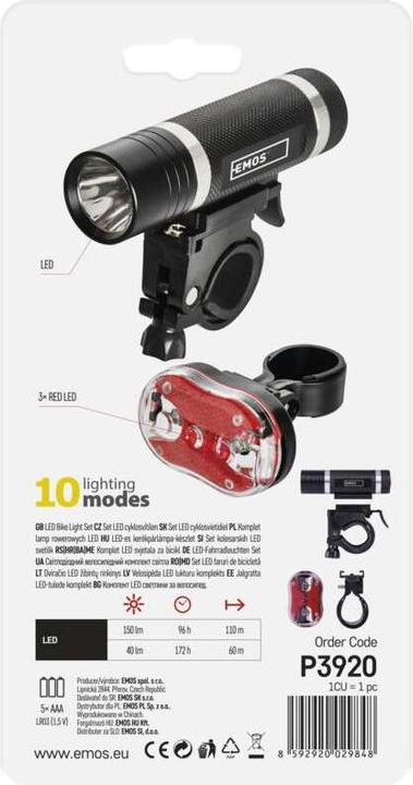 Actual product image Emos LED front + rear light bicycle lights P3920 (150 lm, 40 lm)