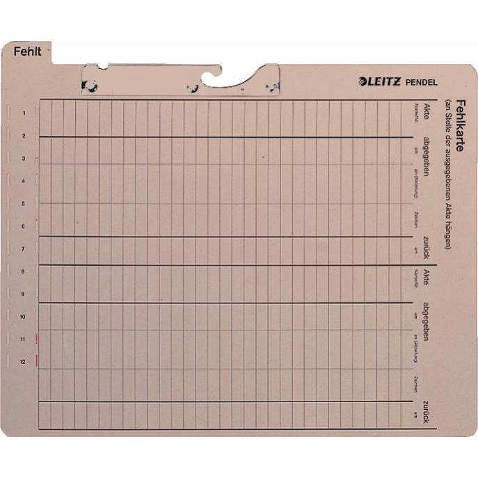 Leitz, Mappe, Pendelfehlkarte, mit Tab "Fehlt", grau Manilakarton, 450 g-qm, Schlitzstanzung für Stecksignale (A4, 25 x)