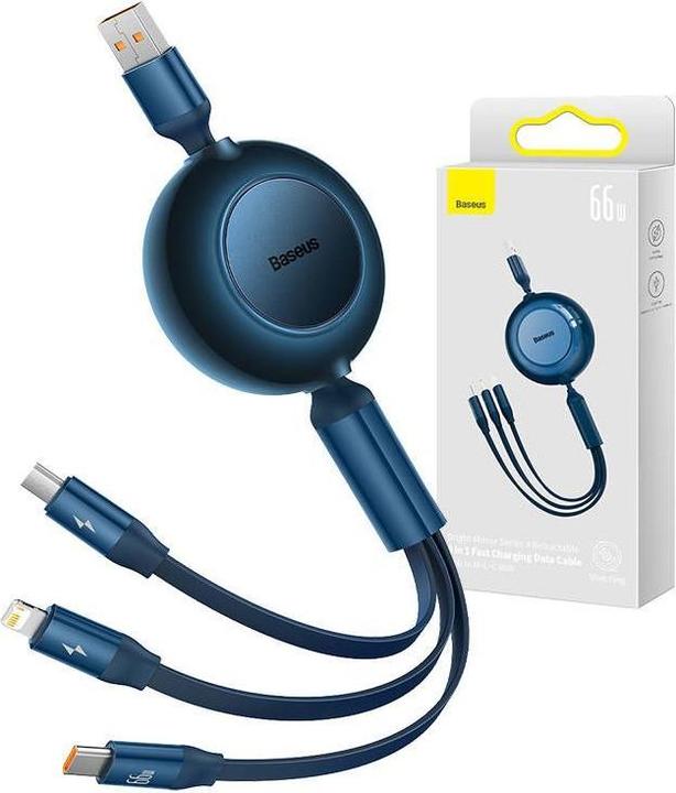 Actual product image Baseus Bright Mirror 3, USB 3-in-1 cable for micro USB / USB-C / Lightning 66W / 2A 1.1m (Blue) (1.10 m, USB 2.0, 66 W)