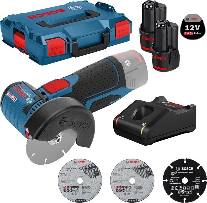 Bosch Hausgeräte Akku-Winkelschleifer GWS 12V-76 Ø 76 mm / 2x 2,0 Ah Akku + Ladegerät in L (76 mm)