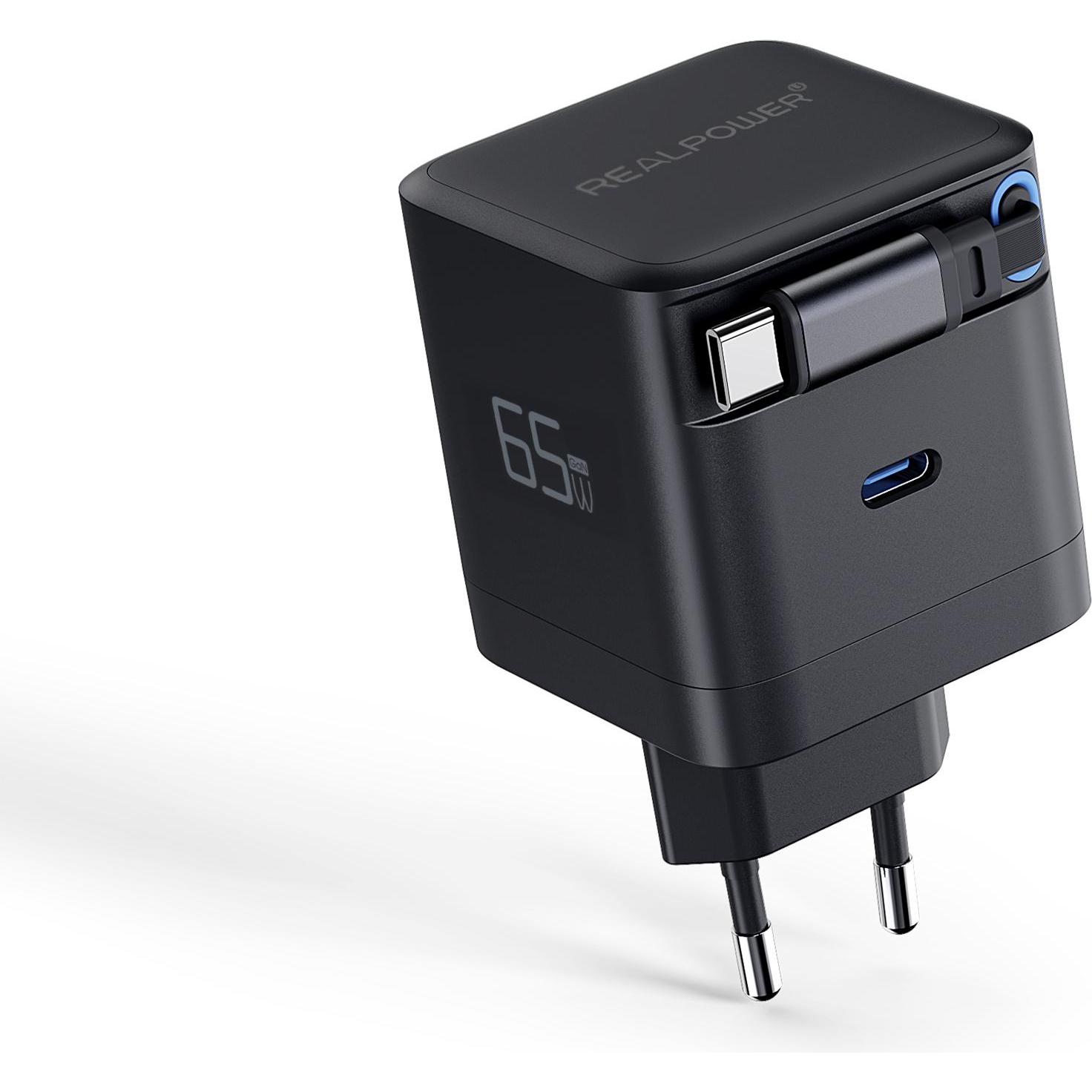 RealPower GaN Charger 65W schwarz,65 Watt,2x Type-C (65 W), Caricatore USB, Nero