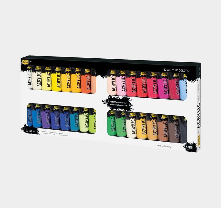Produktbild Solo Goya Acrylic Set (Beige, Kobaltblau, Lichtgrün, Oxydbraun dunkel, Elfenbein, Laubgrün, Coelinblau, Gelbgrün, Ultramarinblau, Türkis, Violett, Echtorange, Permanentgrün, Primärblau, Dunkelbraun, Goldocker, Rosé, Terracotta, Lichtblau, Weinrot, Karminrot, Echtgelb hell, zinnoberrot, 640 ml)