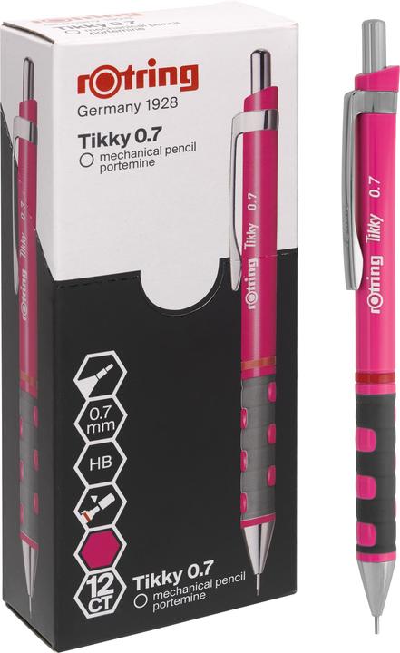 Actual product image Rotring Tikky Neon fine-lead pencil, 0.7 mm, pink chrome-plated, rigid tubular tip, rubber-coated, gelled (0.70 mm, HB, 1 x)