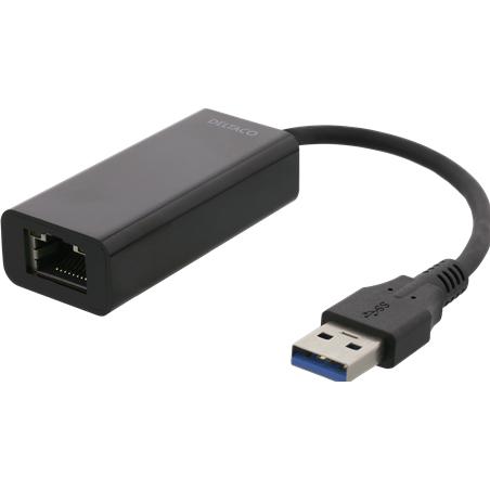 Thumbnail - Deltaco Hub 1xRJ45, 1xUSB 3.0, black (USB, RJ45 (1x)), Netzwerkadapter, Schwarz