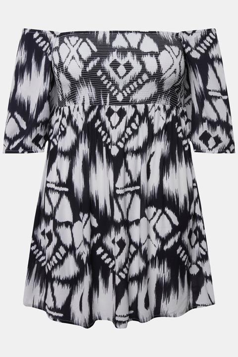 Actual product image Ulla Popken Smocked Patterned Short Sleeve Tunic Blouse (50, 52)