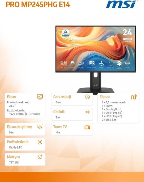 Image du produit MSI PRO MP245PHG E14 23.8" FHD/IPS/144HZ/1ms/HDR Ready (1920 x 1080 pixels, 23.80")