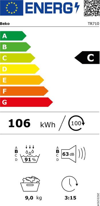 Label énergétique Beko TR710 (9 kg, Modifiable, Droite)
