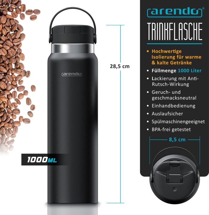 Produktbild Arendo Isolierflasche auslaufsichere Thermoflasche 1L, Edelstahl Trinkflasche 1000ml BPA-frei für Unterwegs (1 l)