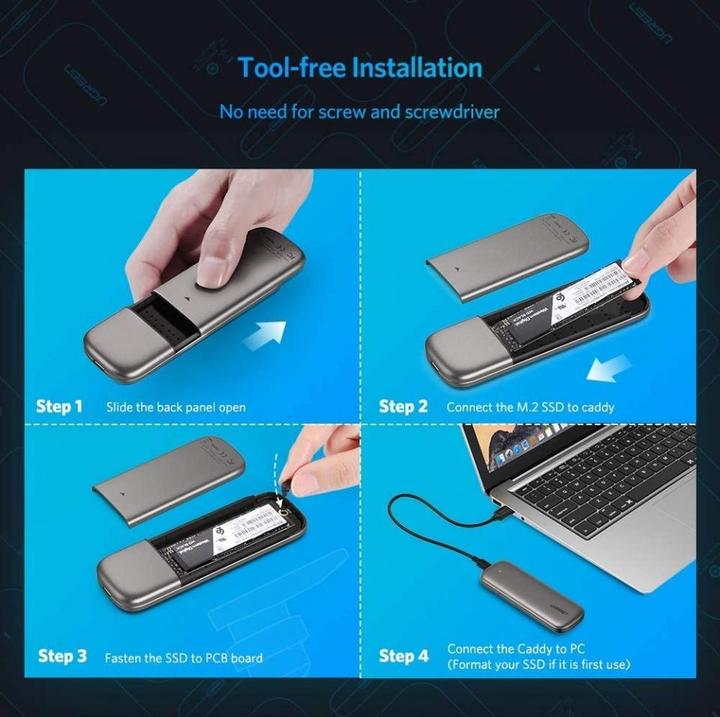 Actual product image Ugreen Enclosure for M.2 NGFF SATA SSD 6 Gbit/s USB-C 3.1 Gen2 (M.2 2230, M.2 2240, M.2 2260, M.2 2242)