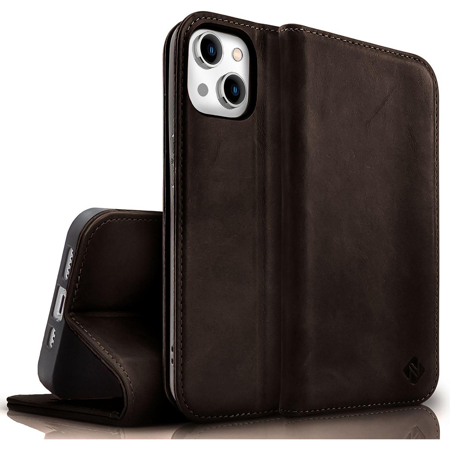Nalia Echt Leder Flip Case Hülle mit Magnetverschluss (Apple iPhone 15), Smartphone Hülle, Braun