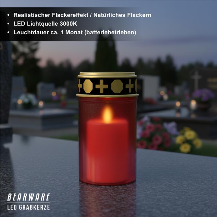 Actual product image Bearware 3x LED Grablicht, Wassergeschützt, Flackereffekt, 1 Monat Leuchtdauer, inkl. Batterien, Rot/Gold (3x)