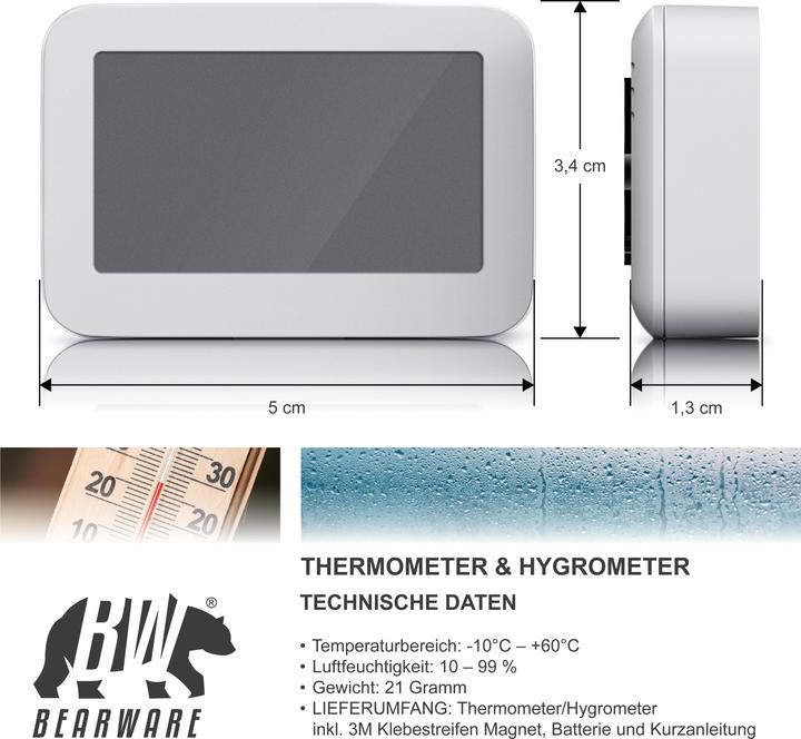 Produktbild Bearware 4x Thermometer & Hygrometer, Temperatur & Luftfeuchtigkeit Messgerät, LCD-Anzeige, Magnethalter