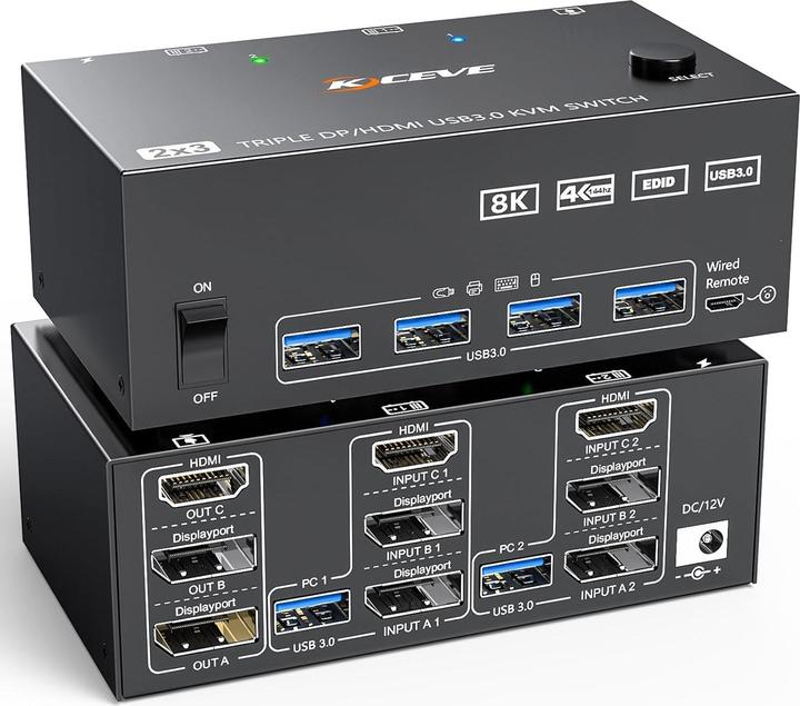 Kceve KVM Switch für 2 PCs und 3 Monitore 4K/8K