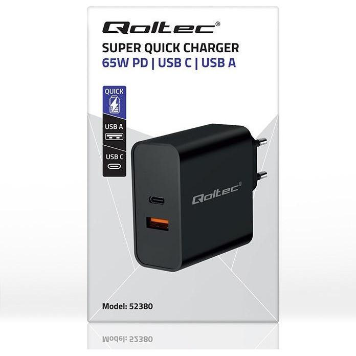 Thumbnail - Qoltec Ładowarka Super Quick PD 65W 5-20V 1.5-3.25A 1xUSB typ C 1xUSB A Czarna (65 W), USB Ladegerät, Schwarz