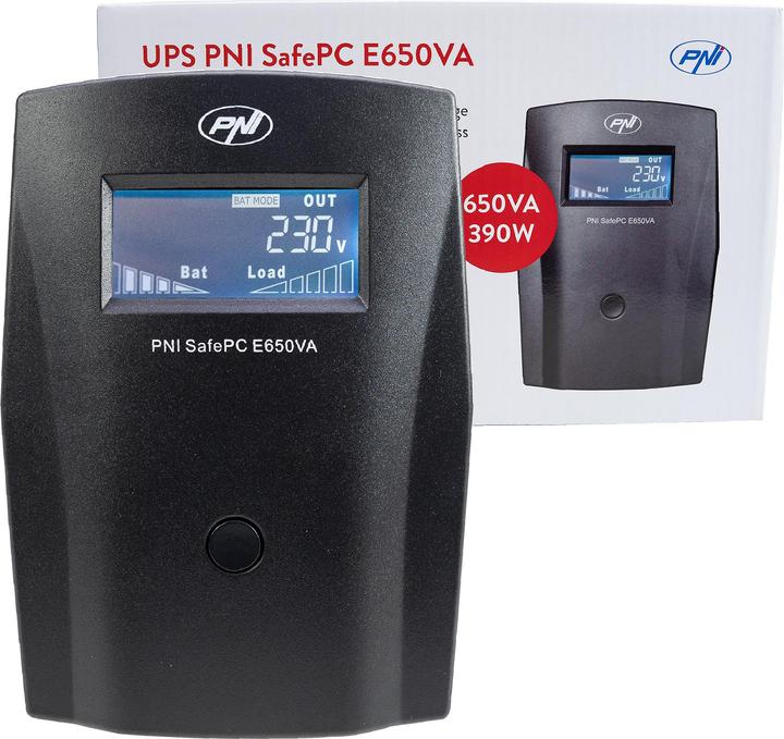 Immagine prodotto PNI UPS SafePC E650VA, potenza 390 W, 1,8 A, uscita 2 x 230 V, schermo LCD, batteria 7,2 A in L (650 VA, 390 W, Interattivo linea UPS)