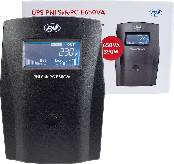 Produktbild PNI USV SafePC E650VA, Leistung 390 W, 1,8 A, Ausgang 2 x 230 V, LCD-Bildschirm, Batterie 7,2 A im L (650 VA, 390 W)