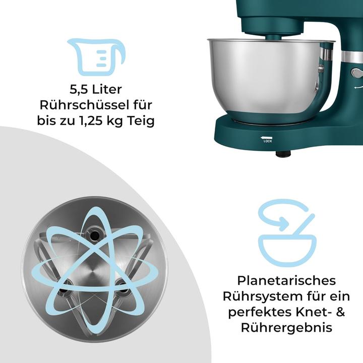 Immagine prodotto KLAMER Küchenmaschine Classic 1400 W – 5,5 L Rührschüssel aus Edelstahl, Knet-, Rühr- & Schneeb… (1400 W, 5.50 l)