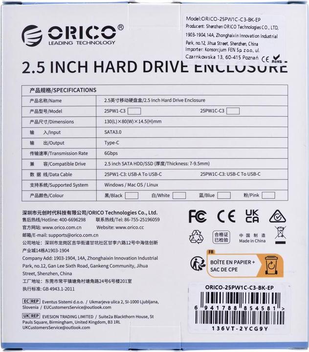 Produktbild Orico 2.5' HDD / SSD Enclosure, 6 Gbps, USB-C 3.1 Gen1 (Black) (2.5")
