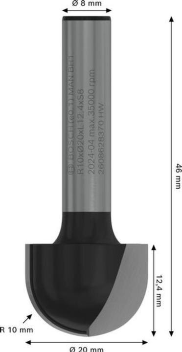 Produktbild Bosch Professional Zubehör Hohlkehlfräser, 8 mm, R1 10 mm, D 20 mm, L 12,4 mm, G 46 mm