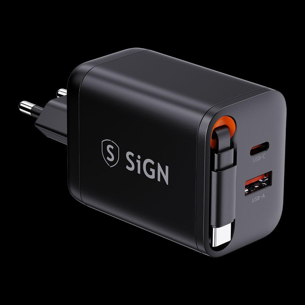 SIGN GaN Fast Charger USB-C/USB-A 40W with extendable USB-C cable - Black (40 W), Caricatore USB, Nero