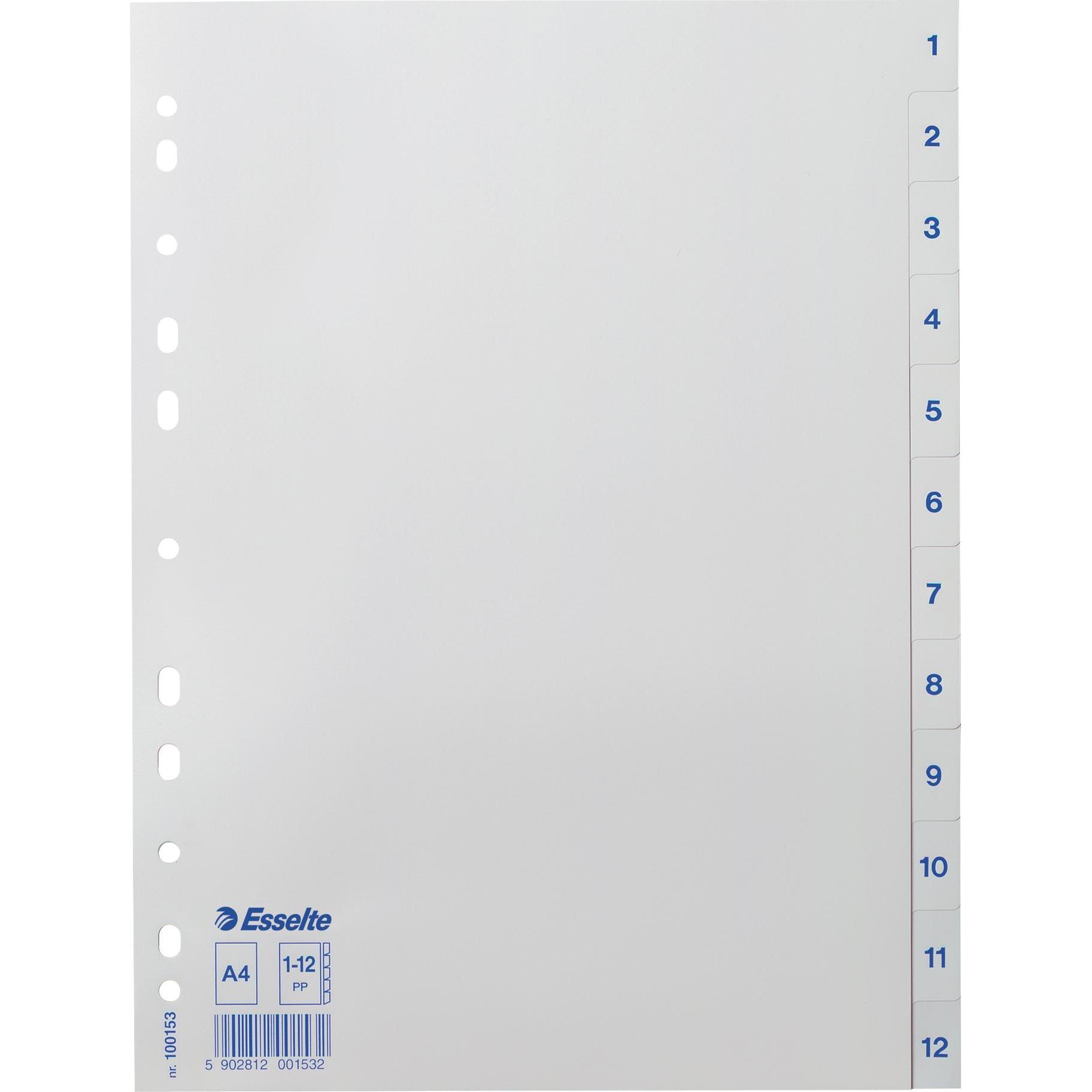 Leitz, Ordner Zubehör, Esselte Kunststoff-Register, Zahlen, A4, 1-12, weiss Universallochung, Masse: (B)225 x (T)2 x (H)...