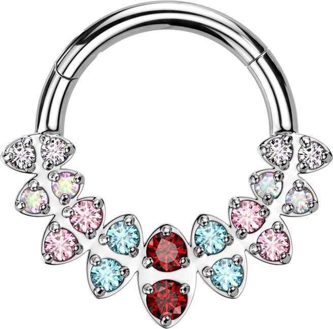 Produktbild Star Piercing Micro Segmentring klappbar silber Ovale mit doppel Kristalle farbig (Messing, Chirurgenstahl 316L)