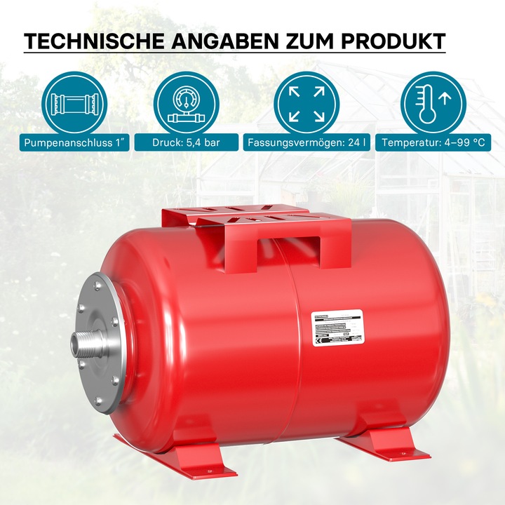 Produktbild Wiltec Membrankessel Hauswasserwerk 24L horizontal Ausdehnungsgefäss Druckkessel (Hauswasserpumpe)