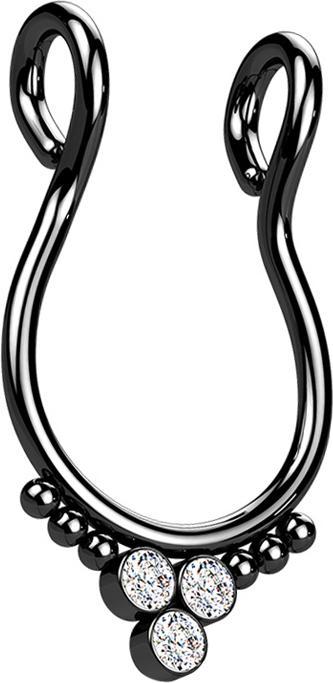 Star Piercing Fake Septum schwarz sechs Kugeln drei Kristalle silber (ohne Messing, Chirurgenstahl 316L)