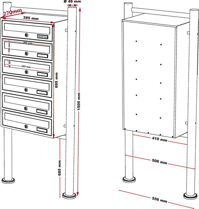 Actual product image Wiltec 6 letterbox system anthracite 270x513x1500mm letterbox Post