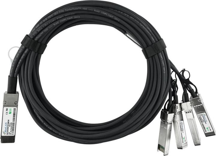 Actual product image BlueLAN 10322. cable length: 5 m, port 1: QSFP, port 2: 4xSFP+