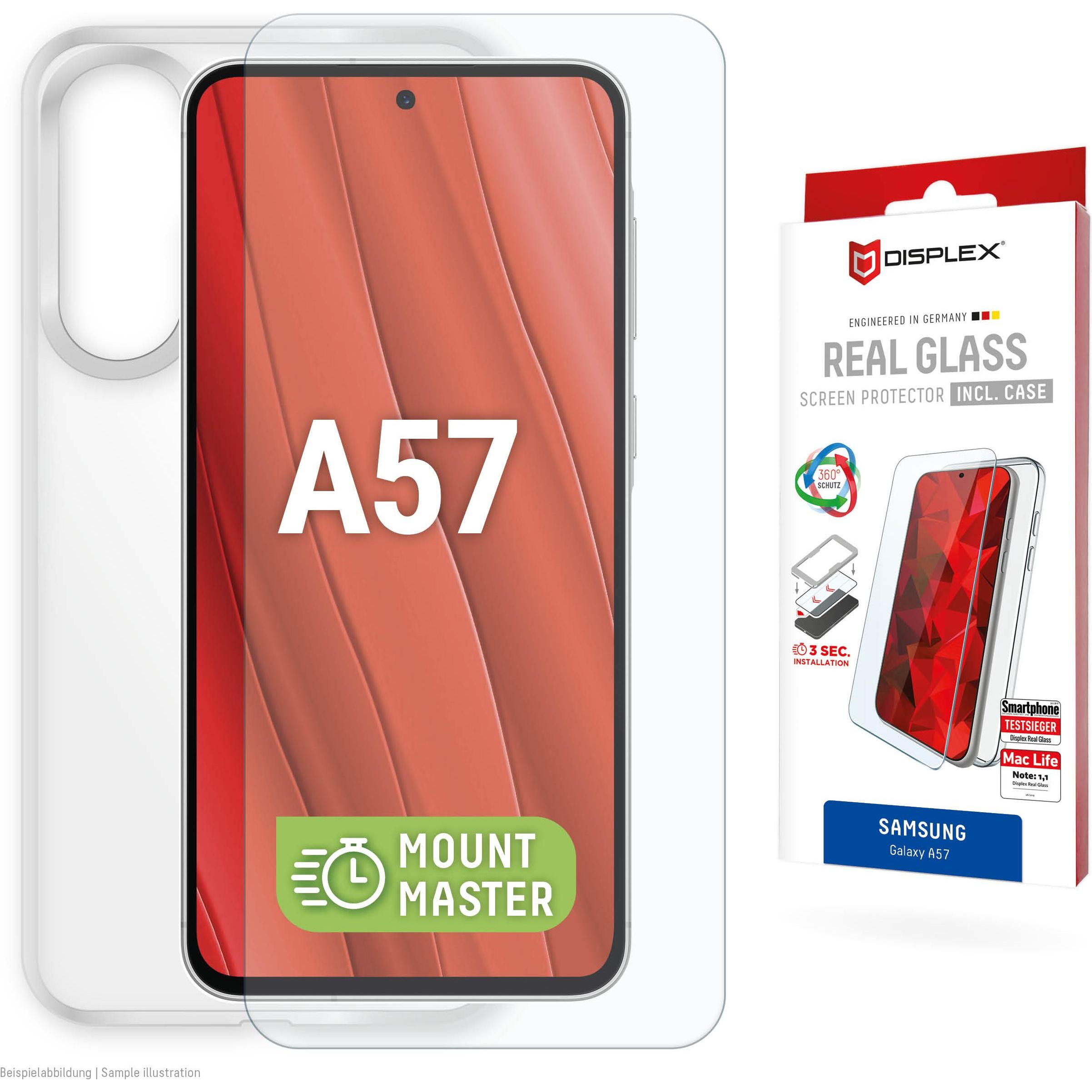 Displex Real Glass, 2D Panzerglas + Handyhülle, MountMaster (1 pz., Samsung Galaxy A57), Pellicola protettiva smartphone, Trasparente