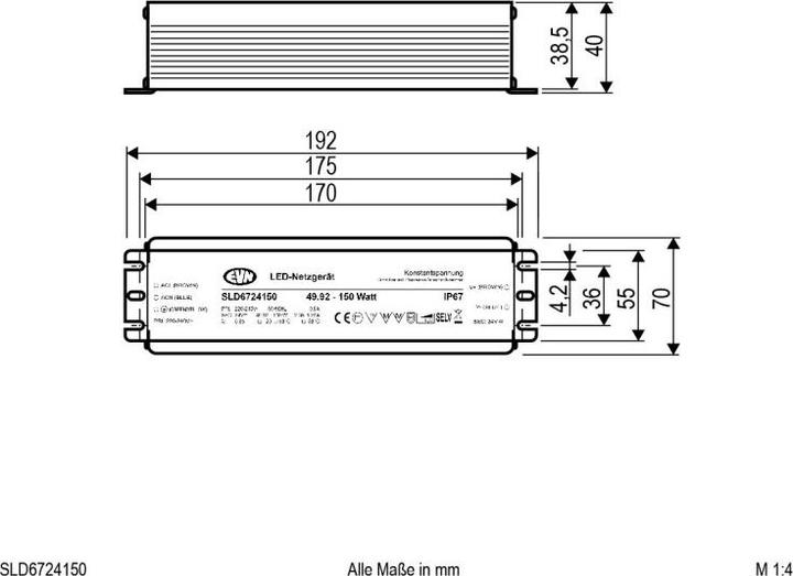 Actual product image EVN-Lichttechnik Power supply unit IP67 50-150W SLD6724150 ** dimmable phase 24V/DC 192x70x40mm