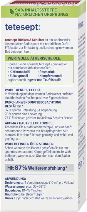 Nutritional values and ingredients Tetesept Gesundheitsbad Rücken & Schulter (125 ml, Bath oil)