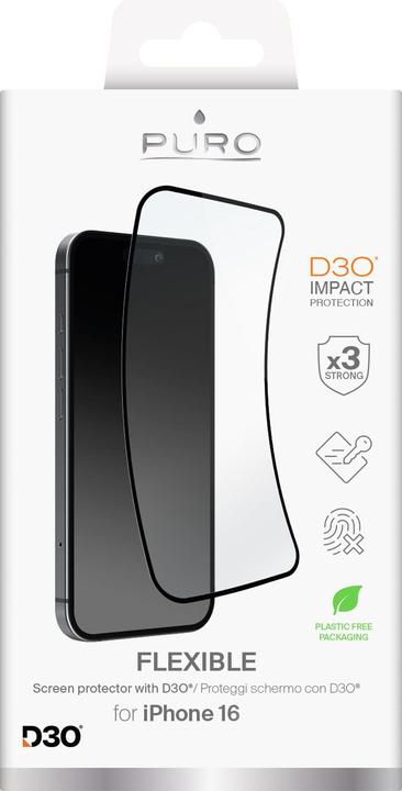 Actual product image Puro Flexible D3O Tempered Glass for iPhone 15, iPhone 15 Pro and iPhone 16 (1 pcs., Apple iPhone 15, Apple iPhone 15 Pro, Apple iPhone 16)