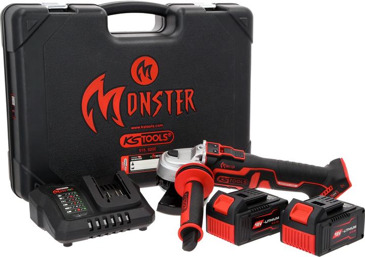 Produktbild KS Tools eMONSTER Brushless-Akku-Winkelschleifer-Satz, 4-tlg | 18 Volt, 2 Akkus und Ladegerät (125 mm)