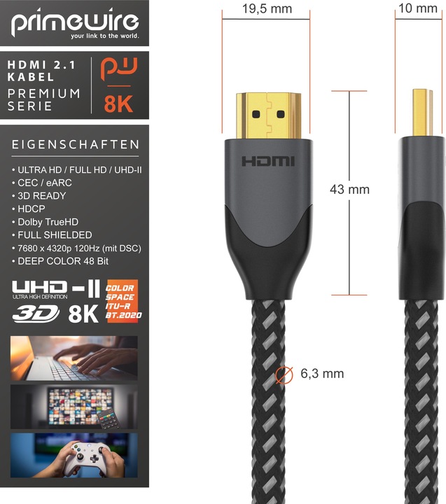 Produktbild Primewire HDMI Kabel 2.1, Typ A, 8k 7680 x 4320 @120Hz 4K @240Hz DSC, 3D, UHD II, HDR-10+, VRR, Dolby Vision (3 m, HDMI)