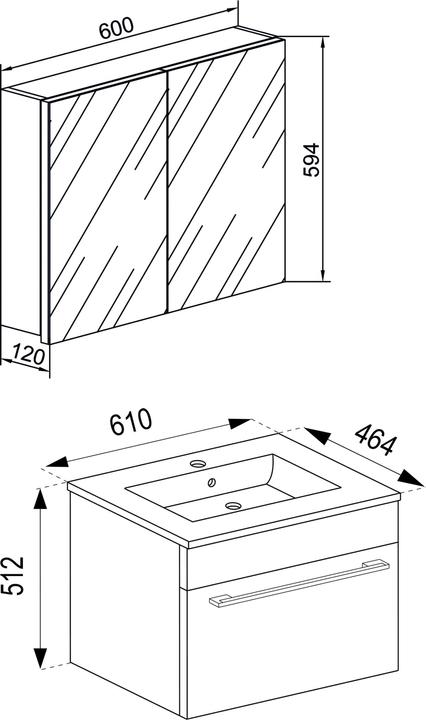 Actual product image VCM 3-piece wash place washbasin Badinos 1 drawer mirror cabinet