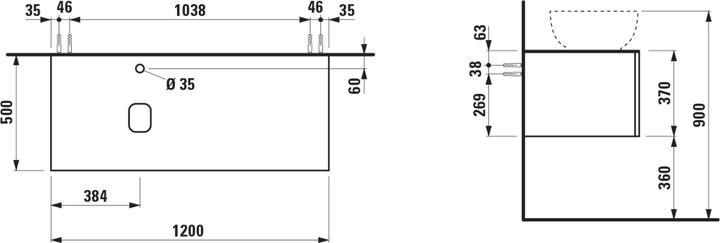 Actual product image Laufen Il Bagno Alessi drawer unit, 1 tap hole, stone top Calce Avorio, cutout left, 120x50x37cm, to
