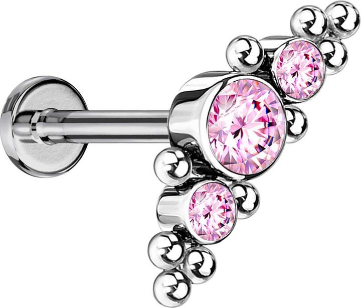 Image du produit Star Piercing Labret Micro Threadless argenté central avec boules et trois cristaux roses (sans laiton, Titane G23)