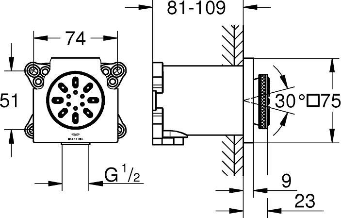 Produktbild Grohe Seitenbrause CUBE RAINSHOWER AQUA eckig chr (2 Strahlarten)