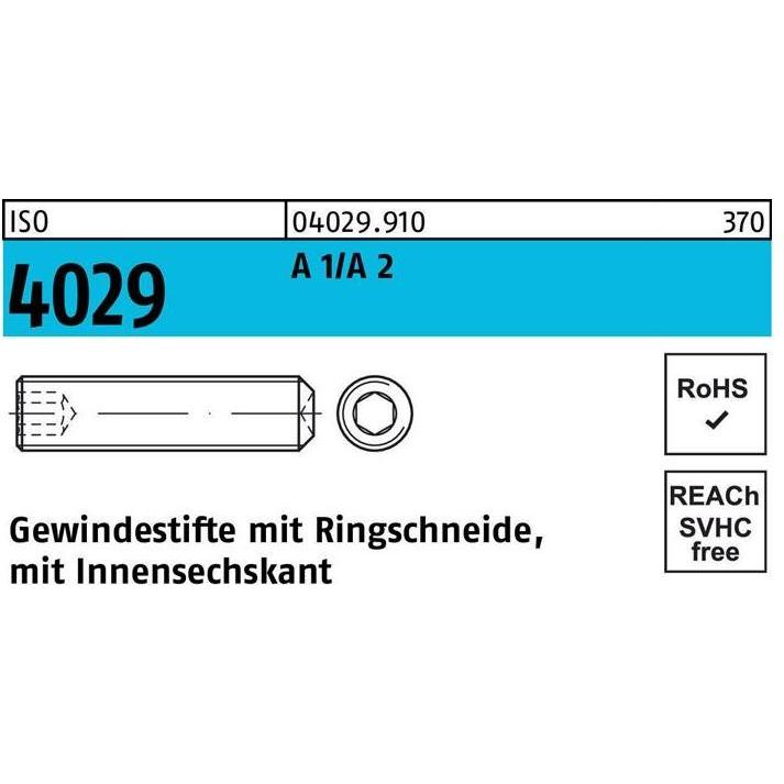 Reyher, Schrauben, Gewindestift ISO 4029 Ringschneide/Innen-6-kant M 12 x 60 A 2 (25 Schrauben pro Stück)