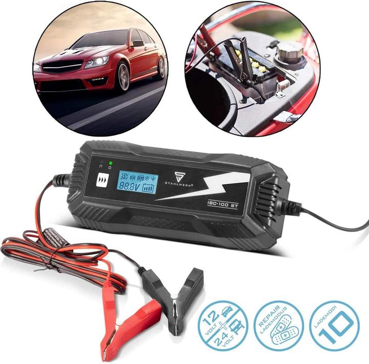 Produktbild Stahlwerk Batterieladegerät IBC-100 ST mit Mikroprozessor und 10 Lademodi (12V, 24V, 10 A)