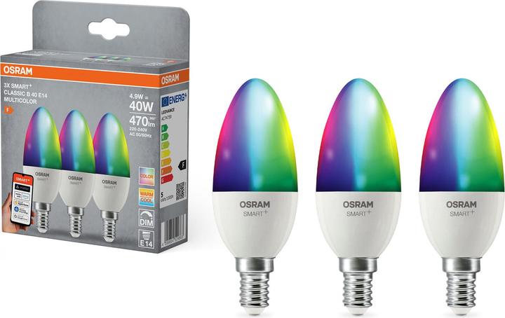 Actual product image Osram SMART+ MATTER Classic B40 4.9W 827...865 Multicolor E14 TRIPLE PACK (E14, 470 lm, 12x)
