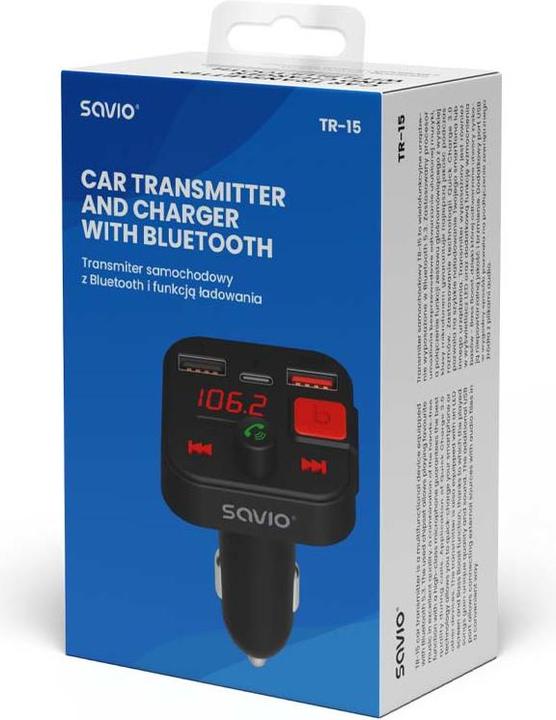Actual product image Savio FM Transmitter Bluetooth 5.3 QC 3.0 Charger LED Display Bass Boost TR-15 schw