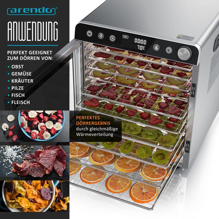 Produktbild Arendo Dörrautomat Edelstahl, Temperaturregler von 30° bis 90 °C, Dörrgerät, Dehydrator 800 W, 10 Etagen