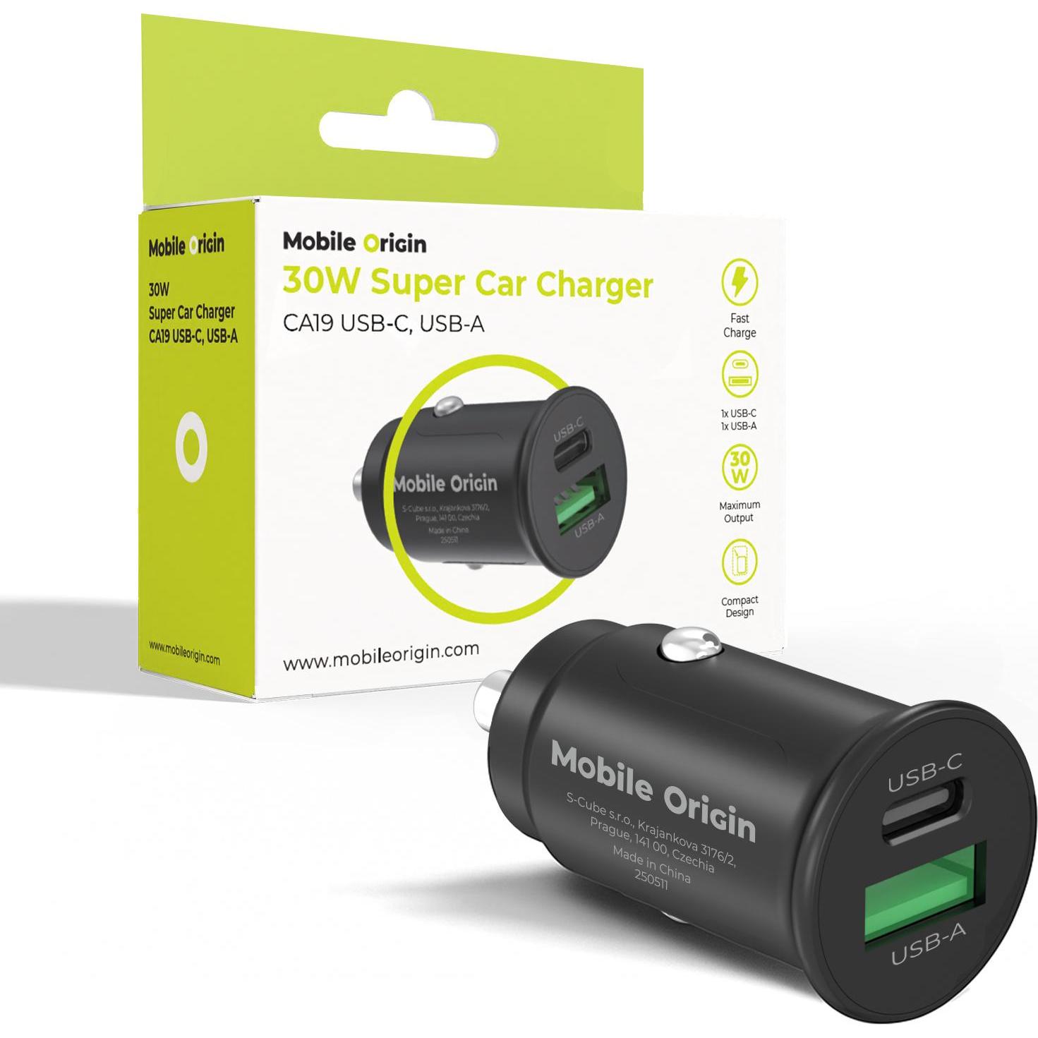 Mobile Origin 30W Super Car Charger CA19 - USB-C - USB-A, Adattatore per auto